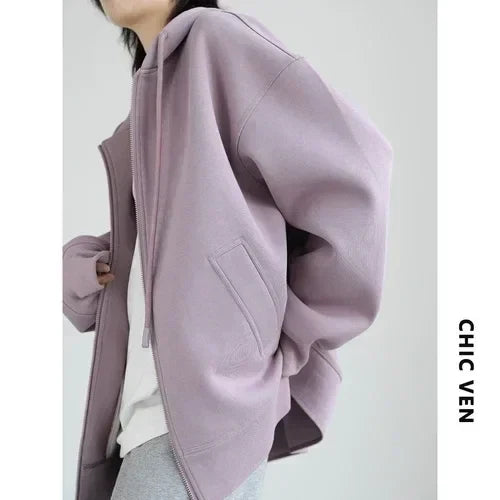 CHIC VEN Women Sweatshirts Hoodies Solid Loose Casual Hooded Female Tops Lady Coat Medium Length Overcoat Spring Autumn 2025 LadyShow.Store