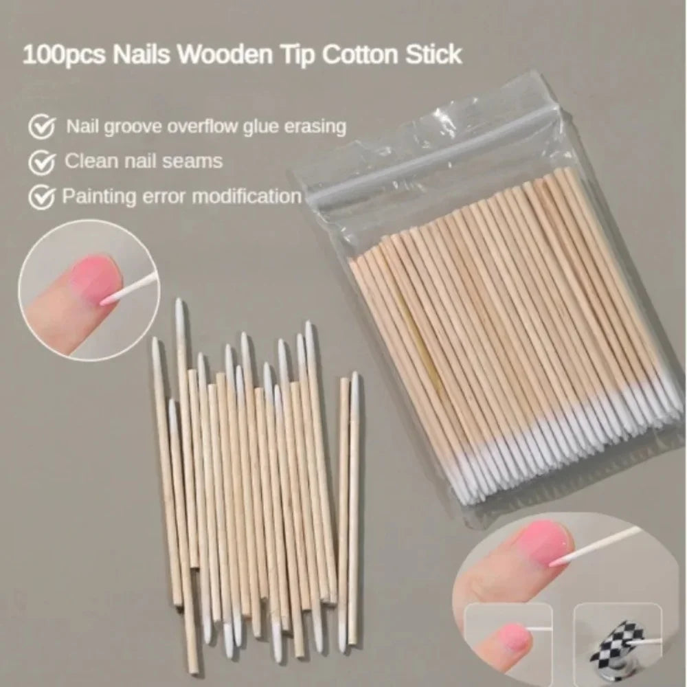 100/300/500 Nails Wooden Tip Cotton Stick Buds Disposable Ultra-Detail Corrector Nail Polish Remover Clean Sticks Manicure Tools Tri Light Beauty