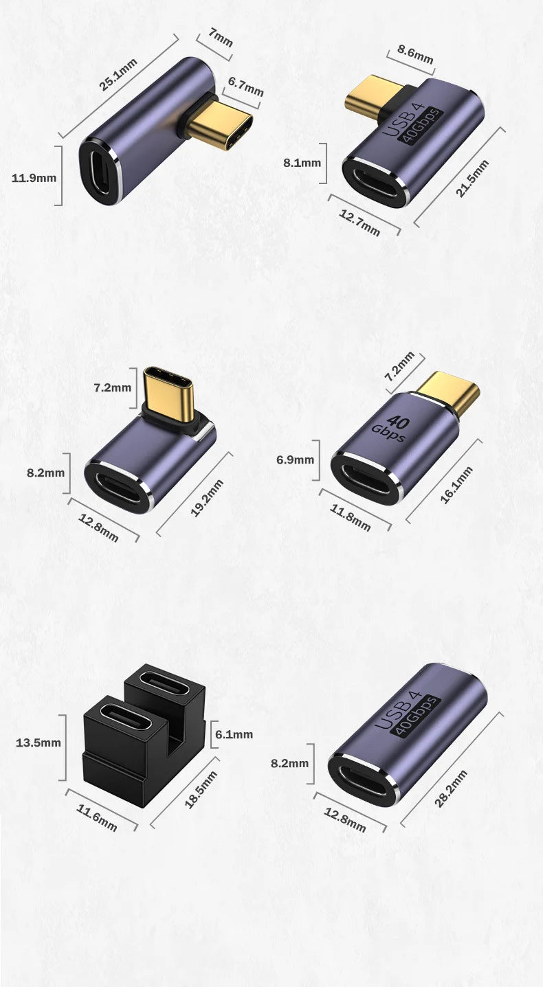 USB4.0 40Gbps OTG Type C 90 Degree Adapter 100W 5A USB C to Type C Fast Charging Converter USB C Data Adapter For Macbook 8K60HZ Pi-Mart