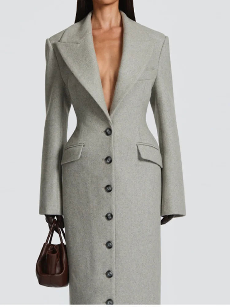 Women's Long Coat Slim V Neck Single Breasted Overcoats Shoulder Pad Maxi Jackets with Belt 2025 New Winter Lady Commute Outwear LadyShow.Store