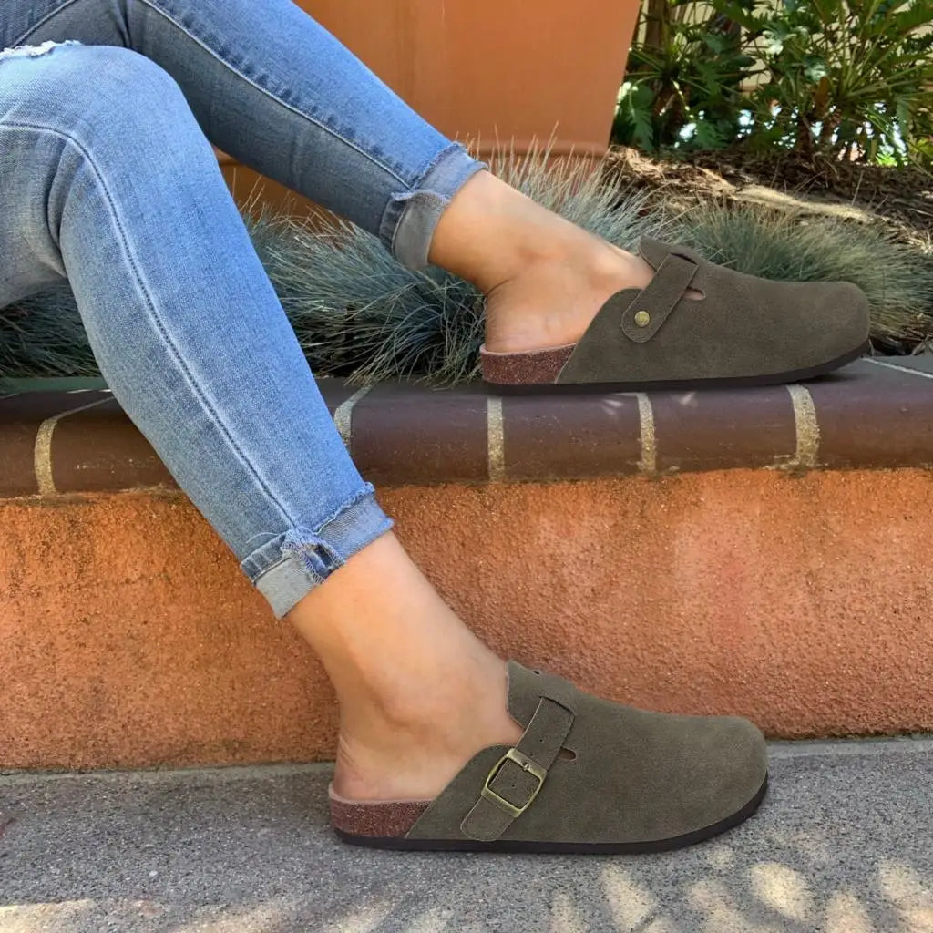 Comwarm Buckle Clogs For Women Men New Genuine Suede Clogs with Arch Support Soft Cork Footbed Mules Fashion Thick Beach Sandals Pi-Mart
