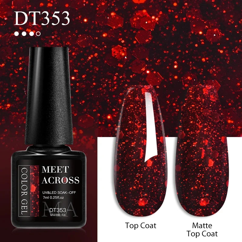MEET ACROSS 7ml Red Gel Nail Polish Crystal Semi Permanent Soak Off UV Gel Varnish Nail Art Manicure Base Matte Top Coat Vernis Tri Light Beauty
