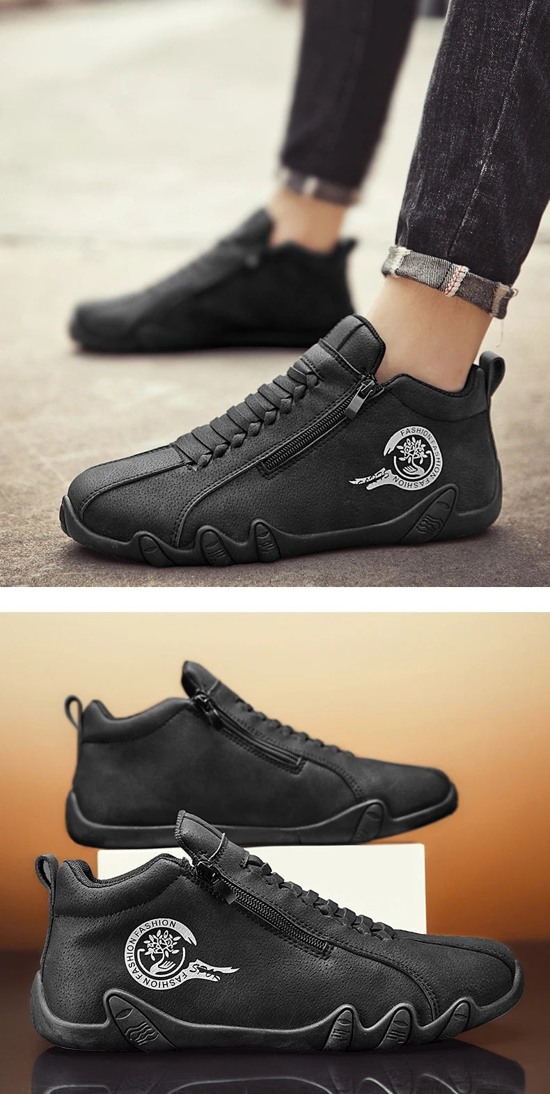 Men's Casual Shoes Side Zipper Short Boots Versatile Flats Bottom Trbottomyy Fashion Pu Leather Men's Shoes Spring Suitable for Outdoor Sports Pi-Mart