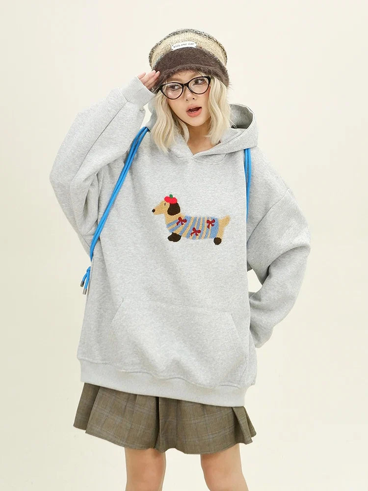 Women Sweatshirt Streetwear Couples Tops Casual Loose Hoodie Autumn Winter Cartoon Dog Embroidery Hooded Pullover LadyShow.Store