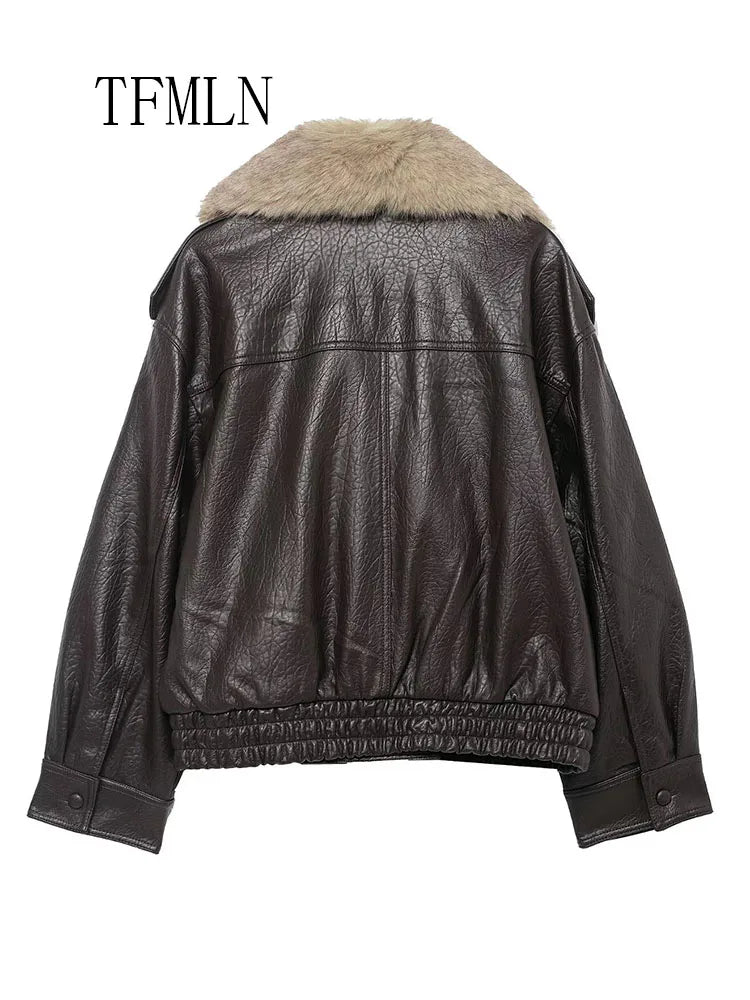 TFMLN 2025 Winter Women Loose Faux Leather Jacket Fashion Removed Big Fur Collar Causal Coat High Street Double Breasted Outwear LadyShow.Store