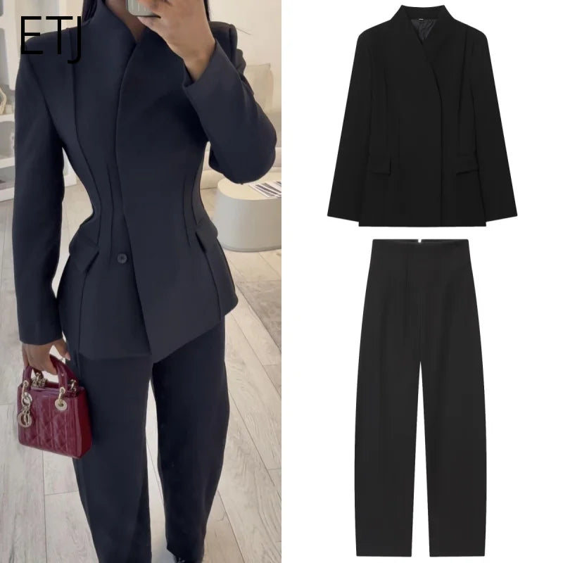 ETJ 2025 women's new fashion design three-dimensional cut high collar slim suit jacket & matching casual trousers LadyShow.Store