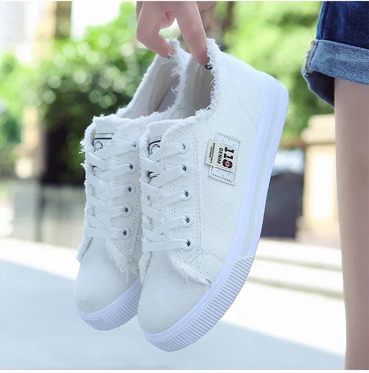 2024 Spring Summer Women Canvas Sneaker Low Top Denim Sneakers Ladies Lace-Up Flat Canvas Board Shoes Female Sapatos Femininos Pi-Mart