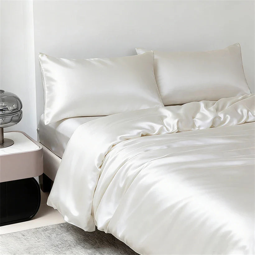 100% Mulberry Silk Bedding Set High End Silk Bed Sheets Set Luxury Smooth Duvet Cover Set Single Double Queen King Size Bedsheet LadyShow.Store