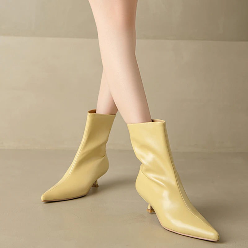 JOZHAMTA Size 34-43 Women Real Leather Ankle Boots Fashion Mid Heels Shoes For Winter Boots Pointy Office Lady Daily Dress Shoes Pi-Mart