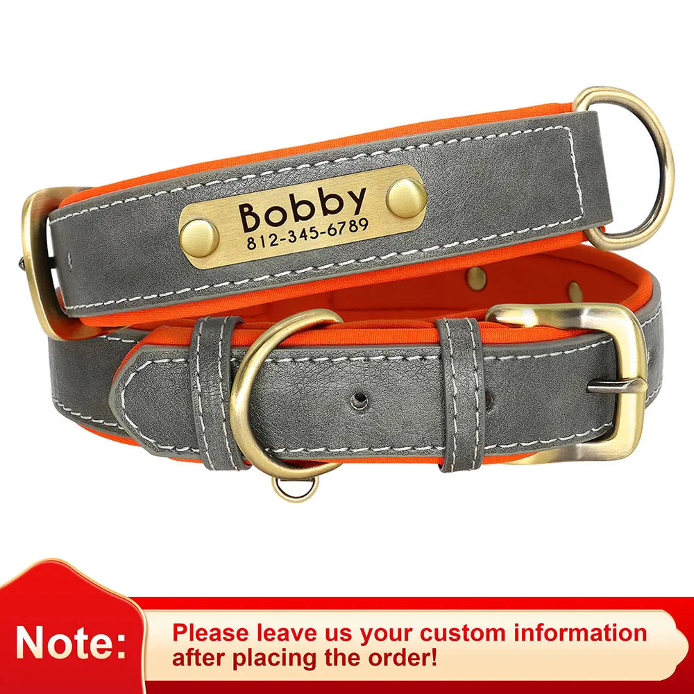 Customized PU Leather Nameplate Dog Collar Soft Padded Dogs Collars Free Engraving Name for Small Medium Large Dogs Adjustable LadyShow.Store