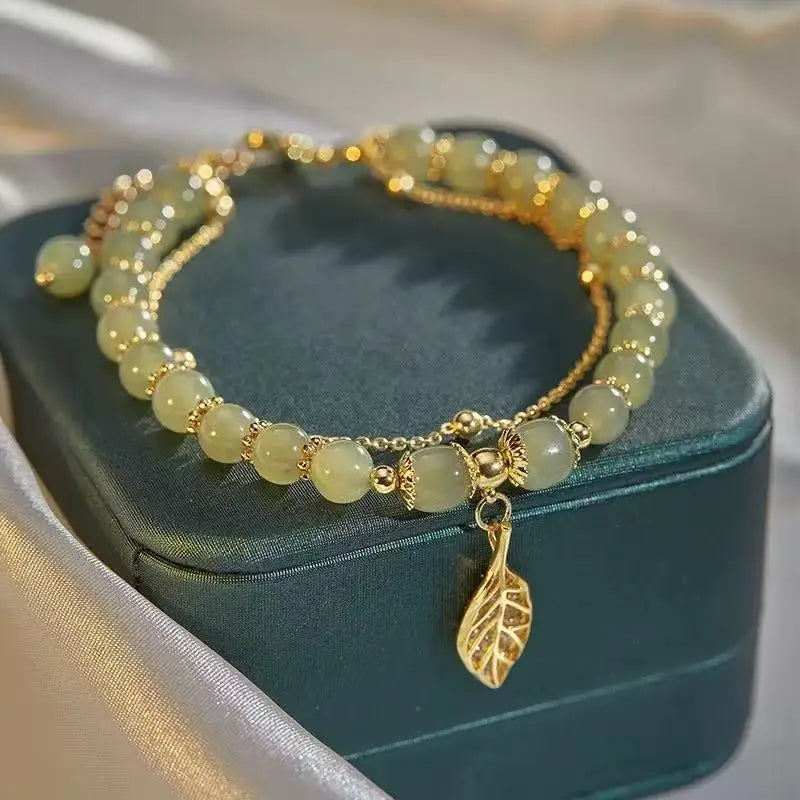 Luxury Love Gold Hotan Jade Lady Bracelet, Leaf Love Double Layer Girl Bracelet Jewelry Gifts Pi-Mart