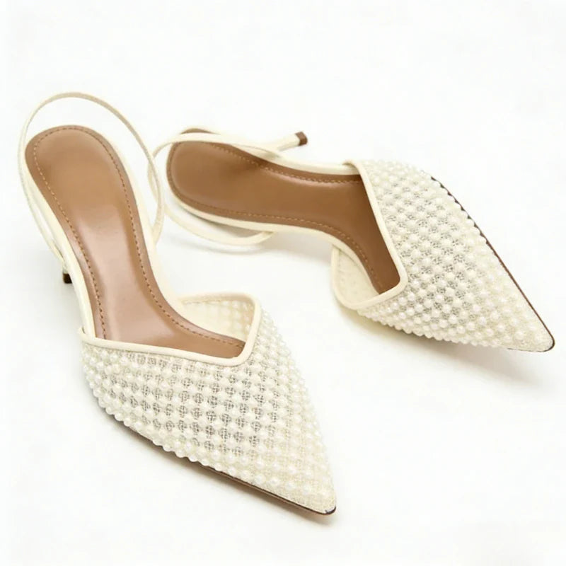 Mesh String Bead Brand Sandals Women Pumps Pointed Toe Elegant Slingback High Heels Female Designer Banquet Wedding Dress Shoes LadyShow.Store