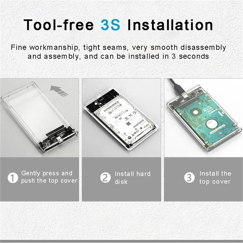 Transparent HDD Case HDD Enclosure 2.5 Inch SSD SATA To USB2.0 Type-C Adapter Portable External Hard Drive Box Tool-Free Pi-Mart