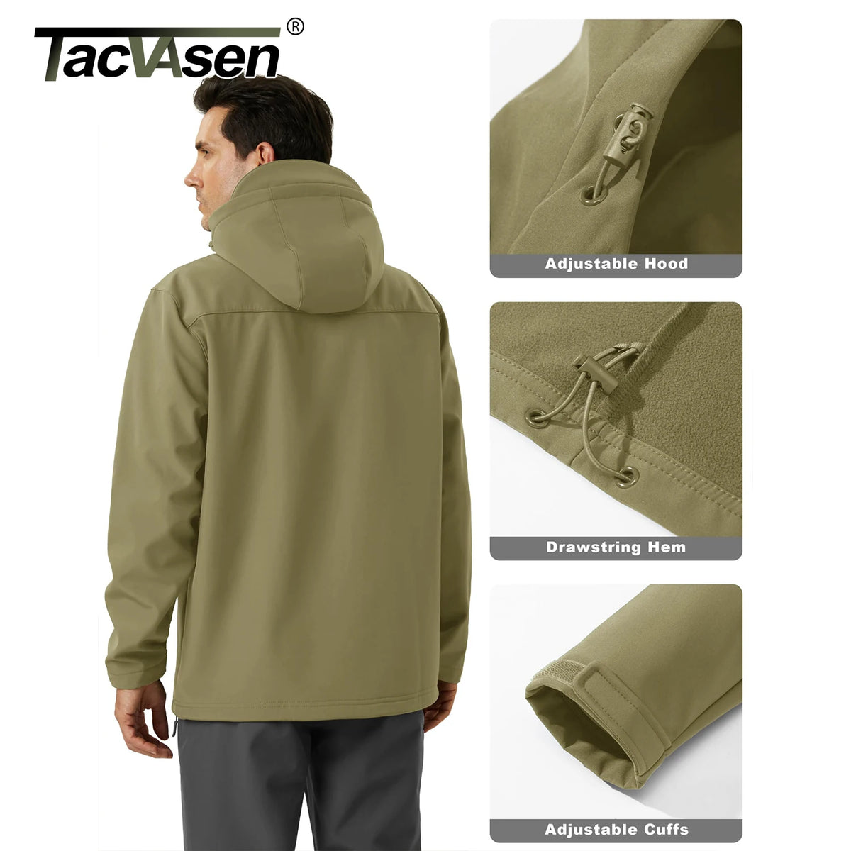 TACVASEN Hooded Rain Softshell Jacket Mens Fleece Lined Waterproof Jacket Work Jacket Outdoor Trekking Hiking Windbreaker Male Pi-Mart