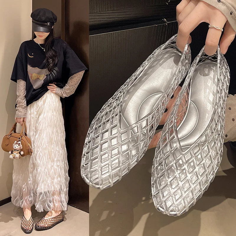 New V-mouth Crystal Jelly Shoes Fashionable, Versatile, Comfortable, Flat Bottom Single Shoes, Casual Sandals for Women LadyShow.Store