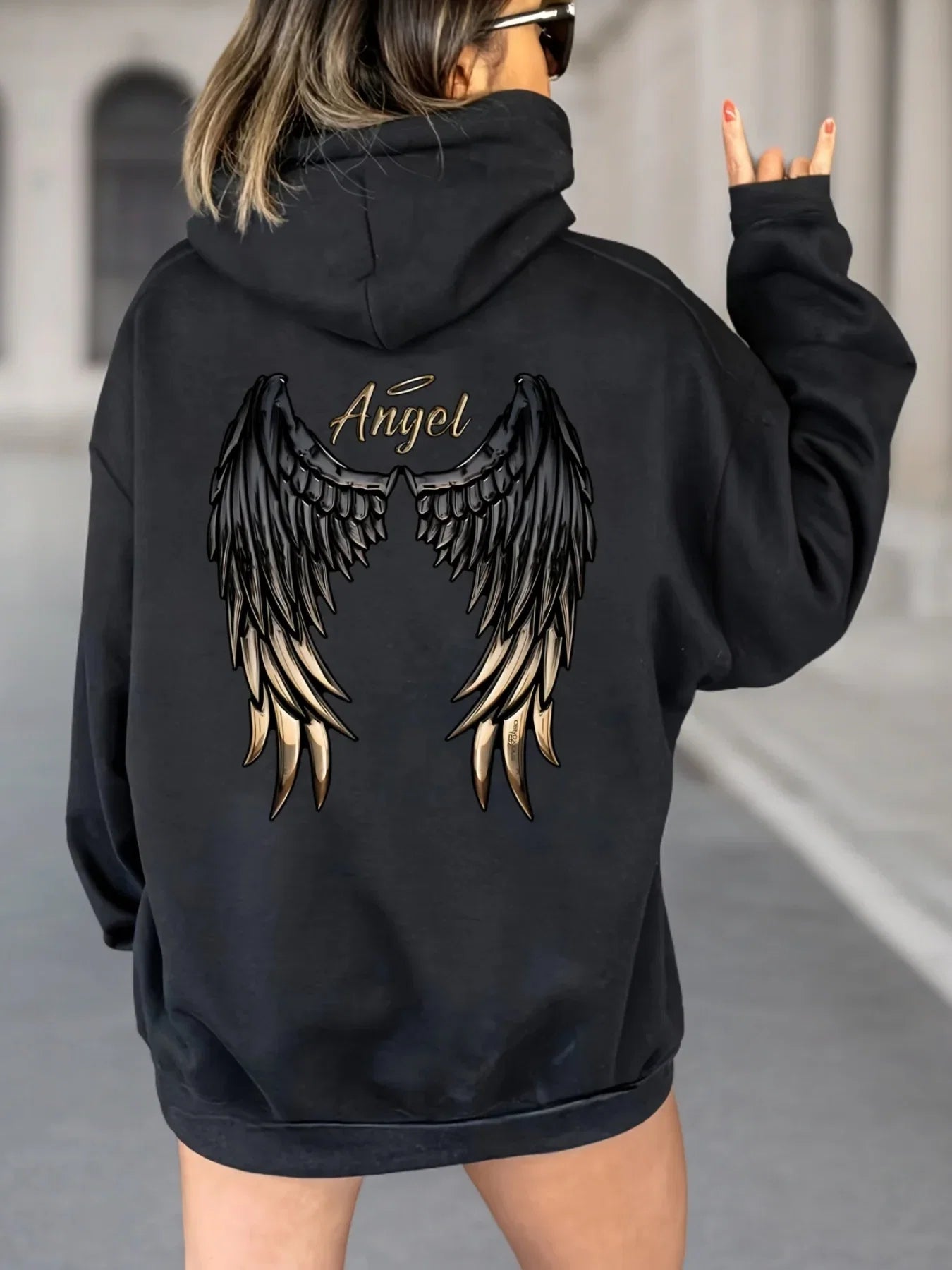Women's Casual Hoodie with Angel Wings Graphic Drawstring Detail Kangaroo Pocket Perfect for Fall  Winter Playful Design Trendy LadyShow.Store