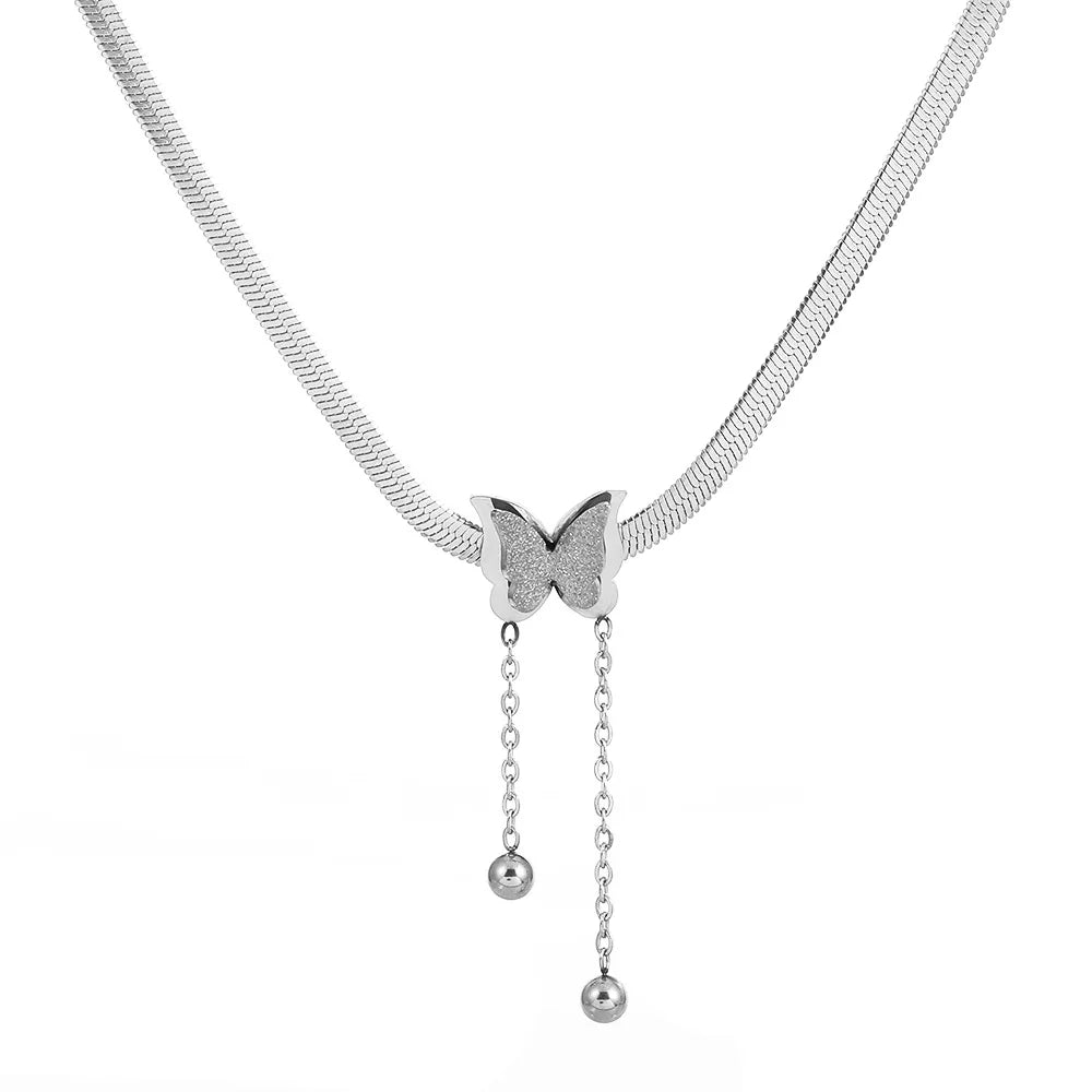 Stainless Steel Frosted Butterfly Necklace For Women Gold Silver Color Snake Chain Choker Necklace Female Fashion Party Jewelry Pi-Mart