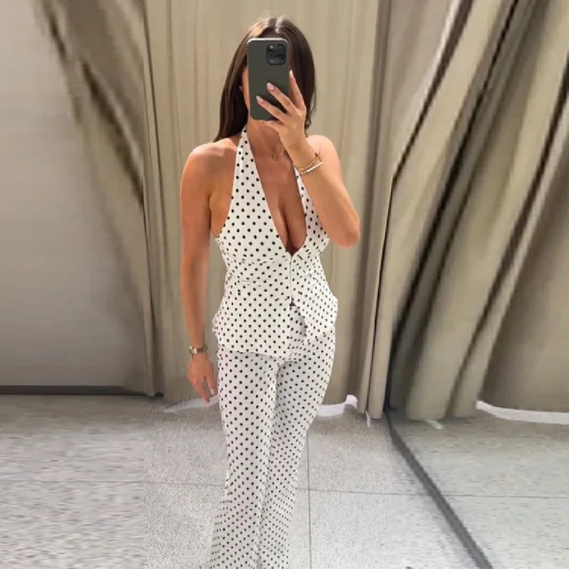 Retro Modern Polka Dot Set Halter Deep V Neck Vest Top Flared Pants Women Party Timeless Chic Female Classic Stylish Outfits LadyShow.Store