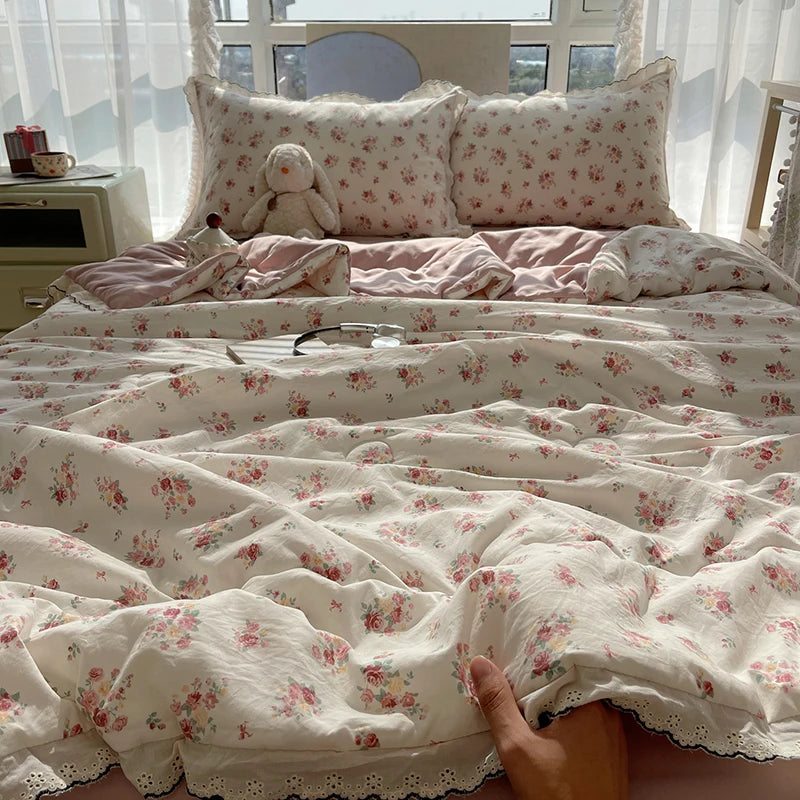 Summer Quilt Korean Style Duvet with Lace Single/Queen Size Comforter Flower Printed Quilted Blanket 여름이불 (No Pillowcase) Pi-Mart
