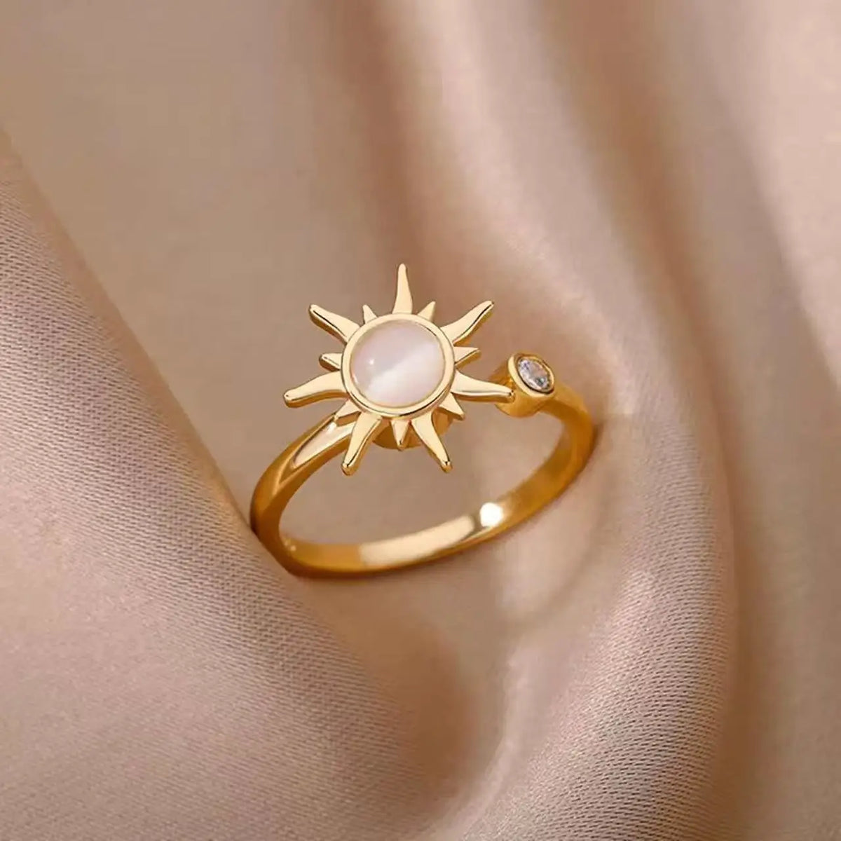 Fashion Creek Two Full Diamond Zircon Sunflower Pendants Rotating Women's Finger Rings Fashion Daily Wear Jewelry Gifts Pi-Mart