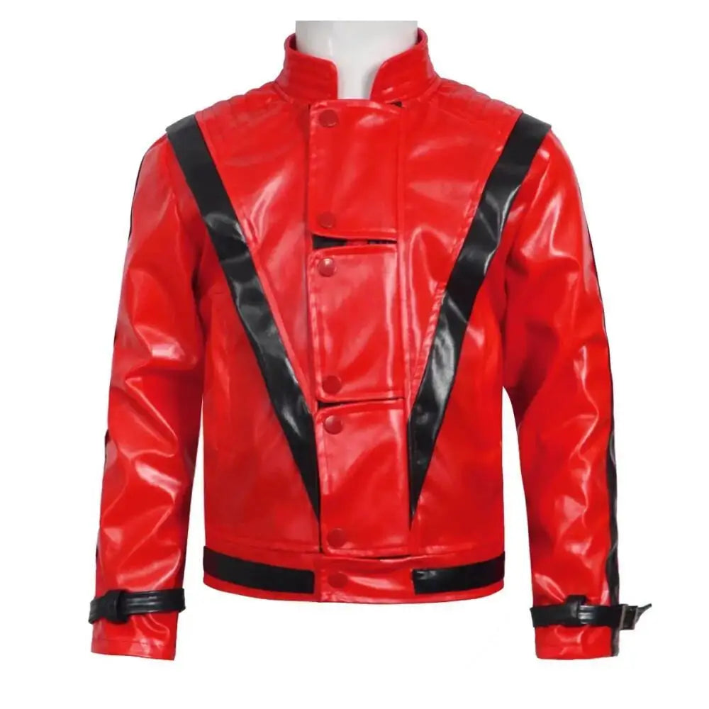 Classic Michael Red Leather Jacket Cosplay Costume Zipper Design Carnival Performance Wear Teen And Adult Pi-Mart