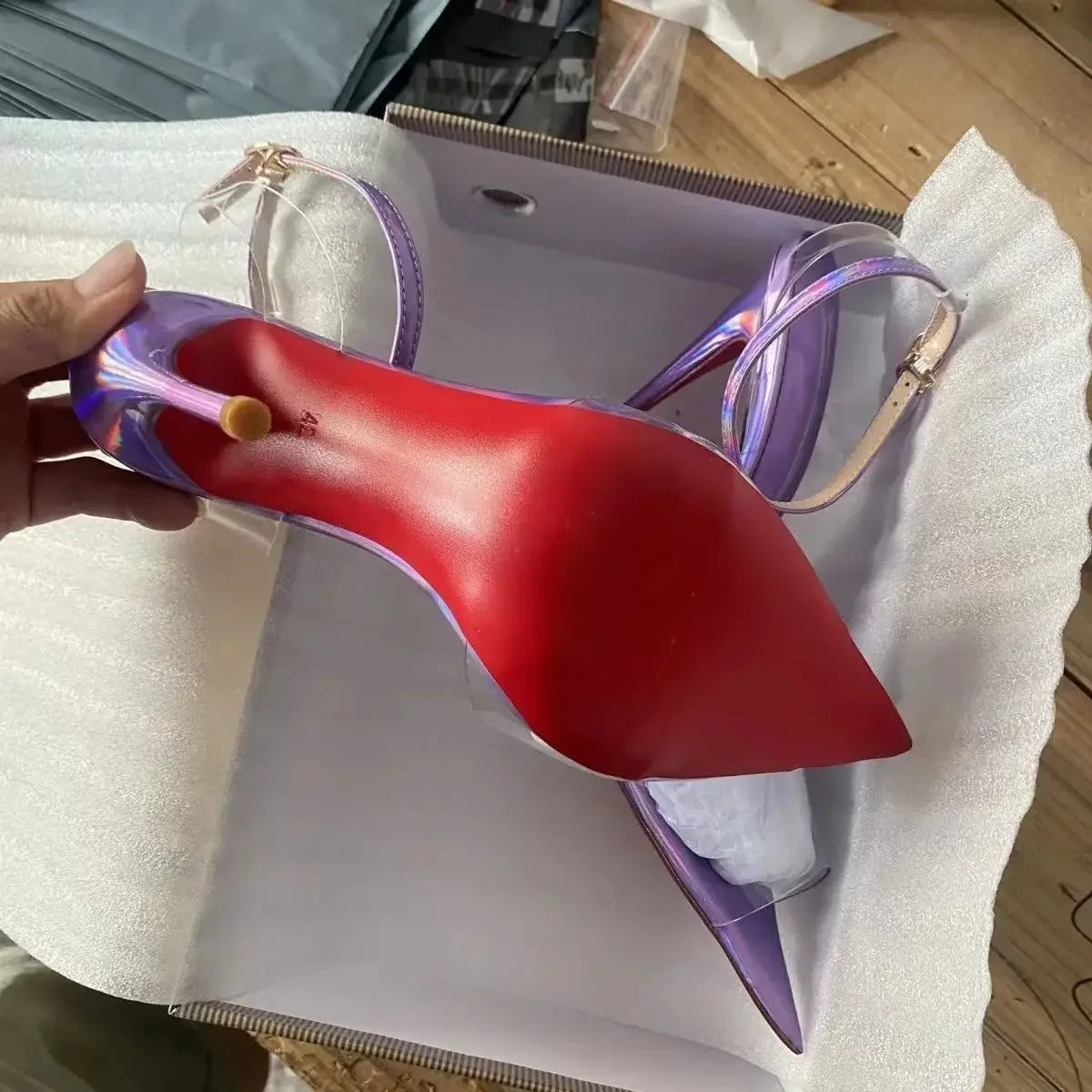 New European and American electric purple ultra soft transparent PVC sandals with straight stripes and slim heels, 12cm sexy Pi-Mart