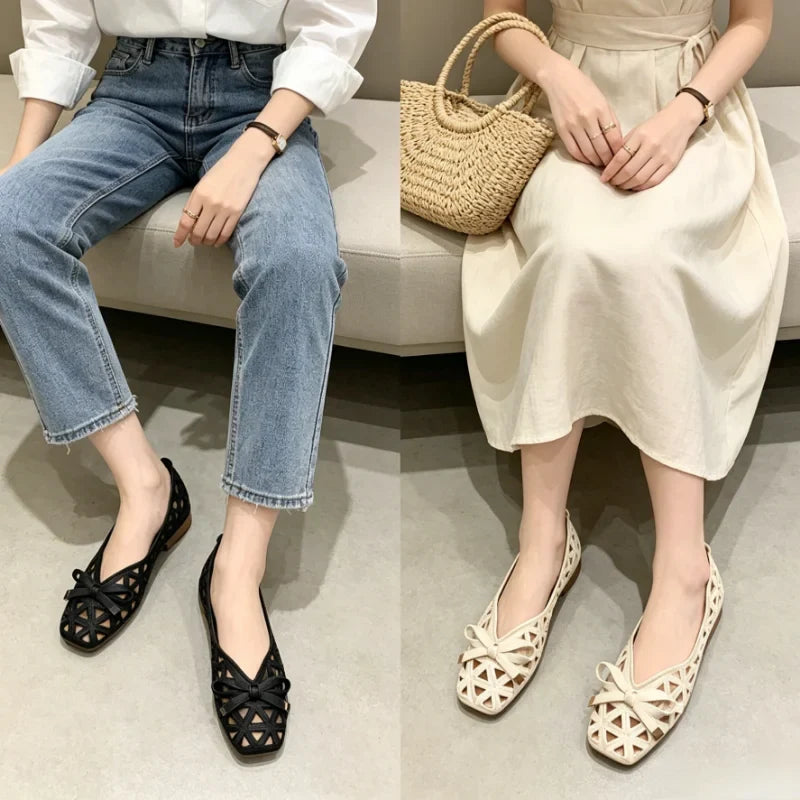 New French Style Bow Flat Sandals Women Geometric Cut-Out Peep-Toe Breathable Summer Beige Shoes for Dresses, Office and Casual LadyShow.Store