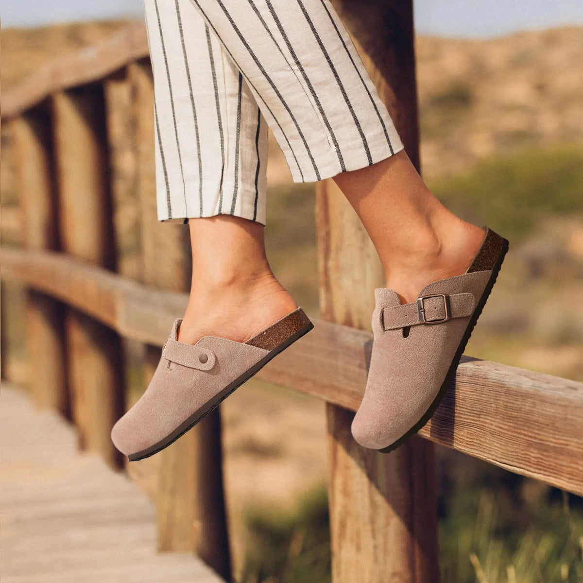 Comwarm Buckle Clogs For Women Men New Genuine Suede Clogs with Arch Support Soft Cork Footbed Mules Fashion Thick Beach Sandals Pi-Mart