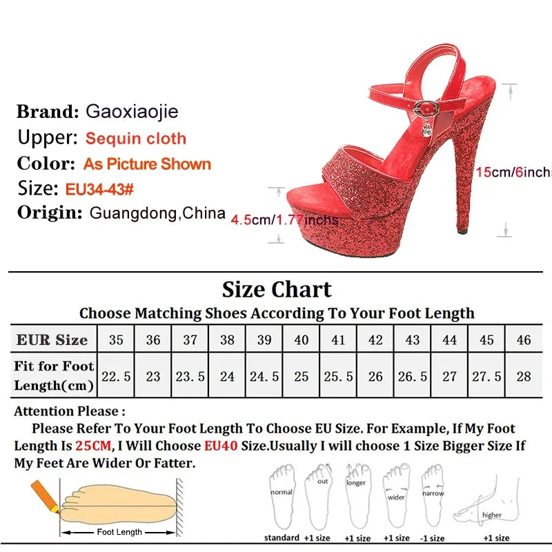 Women Platform 15CM High Heels 2025 New Luxury Sequin Model Runway Shoes Big Size 34-43 Nightclub Party Summer Glitter Sandals LadyShow.Store