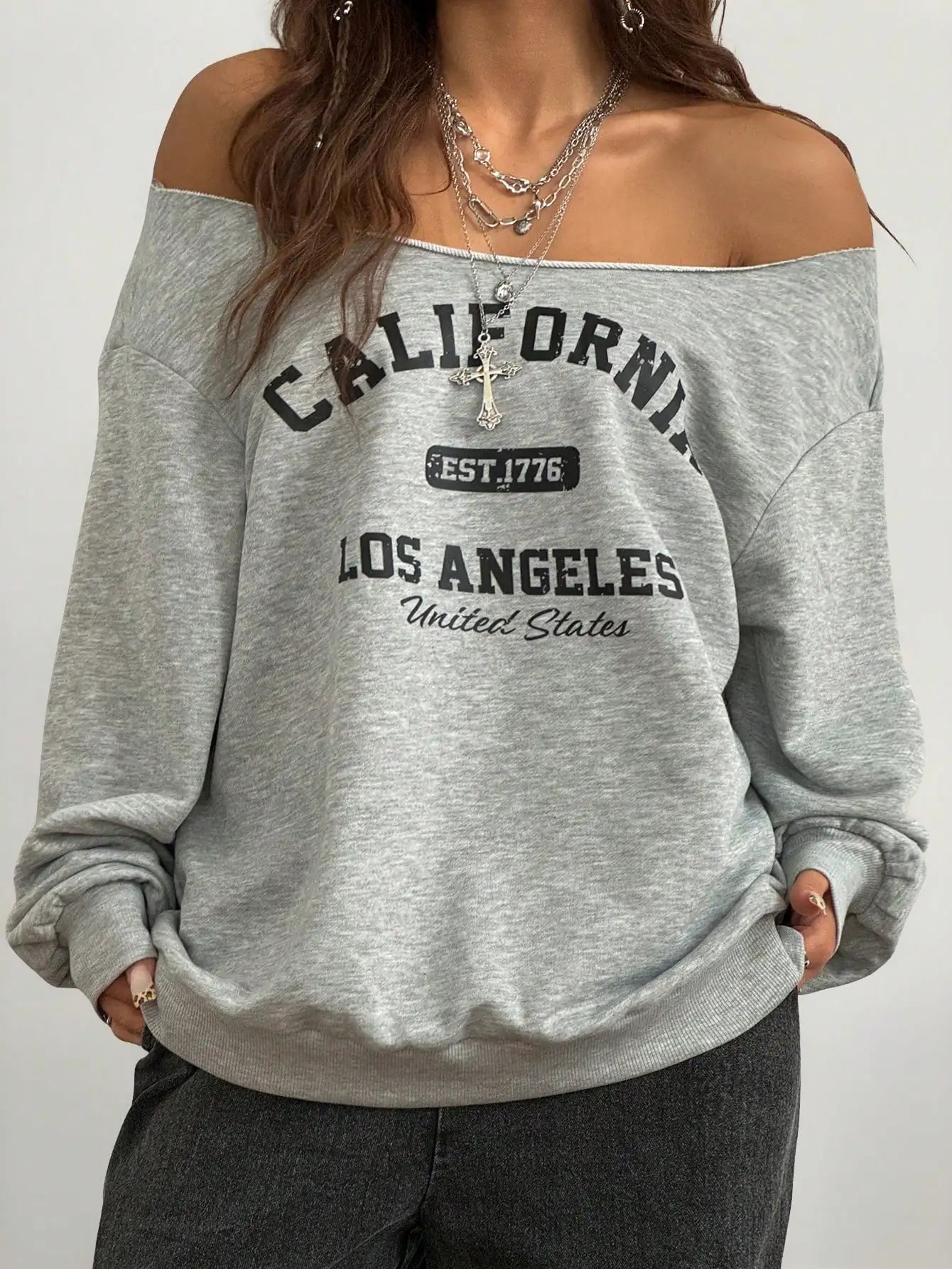 Casual Basic Knitted Single Shoulder Loose Long Sleeve Grey Sports Shirt Long Top Comfortable Loose Fit Grey Knitwear LadyShow.Store