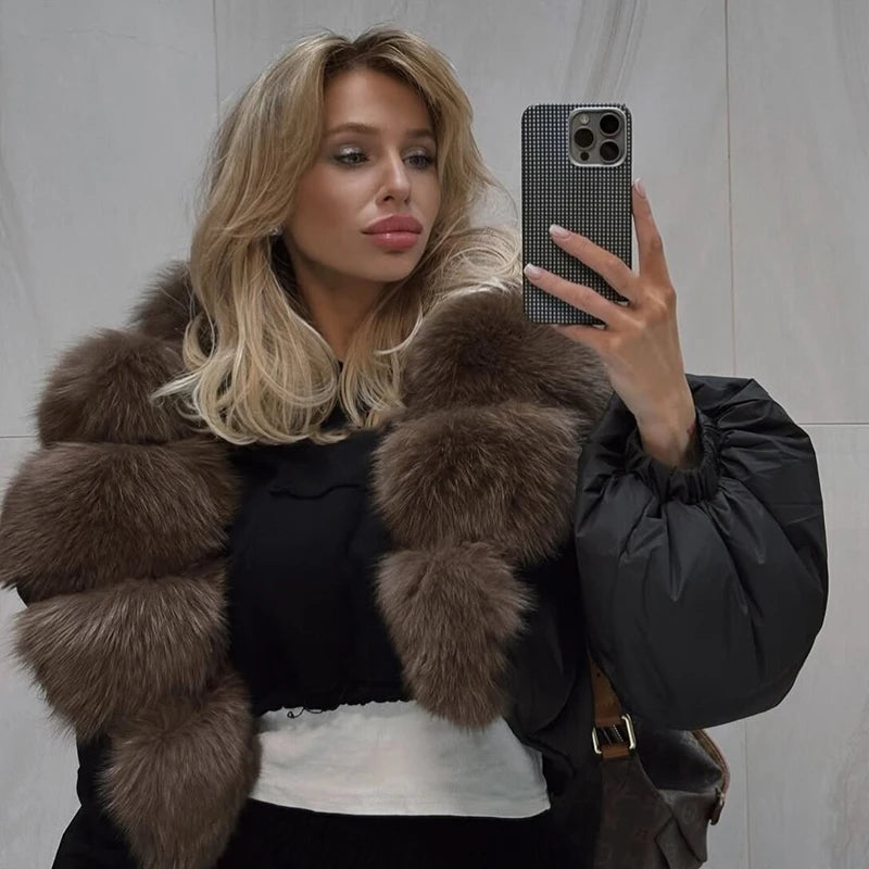 Luxury Thick Faux Fox Fur Collar Cropped Puffer Coat Women Oversized Lapel Zip Up Short Warm Windproof Winter Outerwear Jacket Pi-Mart