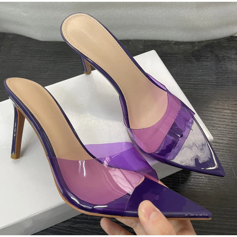 New Summer Women's High-heeled Sandals Simple Transparent High-heeled Slippers Stiletto Pointed Open-toed Slippers Mules LadyShow.Store