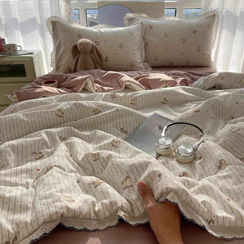 Summer Quilt Korean Style Duvet with Lace Single/Queen Size Comforter Flower Printed Quilted Blanket 여름이불 (No Pillowcase) Pi-Mart
