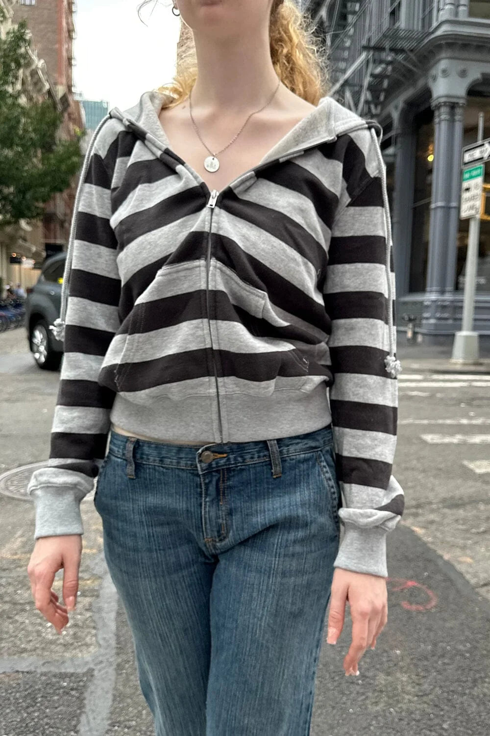 Stripes Vintage Zip-up Hoodie Woman Drawstring Hooded Long Sleeve Cotton Coat Casual Preppy Style Sweet Cute Hoodies Top Clothes LadyShow.Store