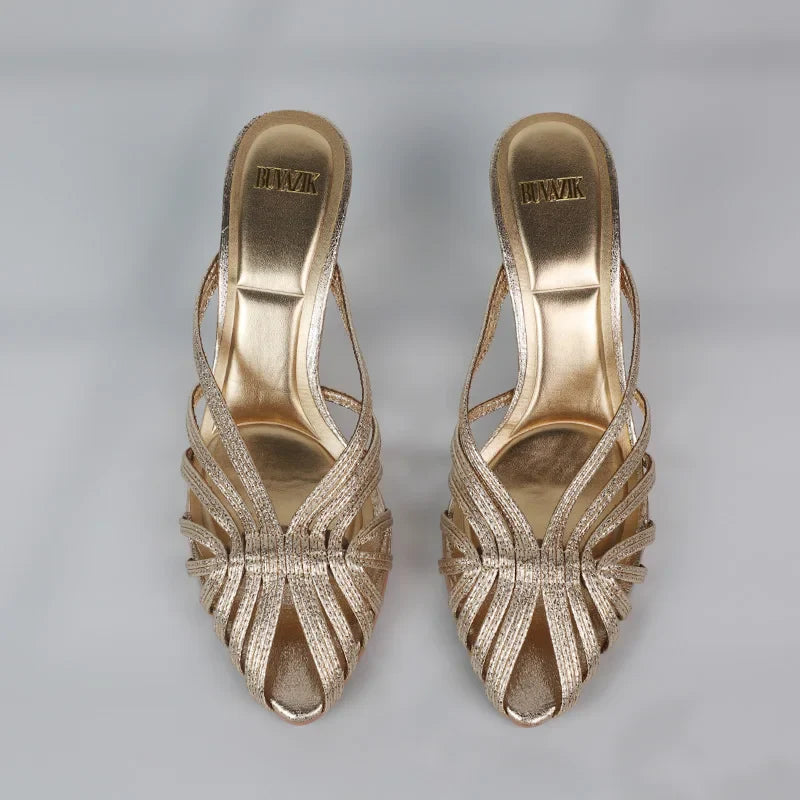 New Gold Hollow Thin Strip Heels for Women Luxury Pointed Toe Heeled Pumps Office Lady Mules Summer Stiletto Shoe Sandals 2025 LadyShow.Store