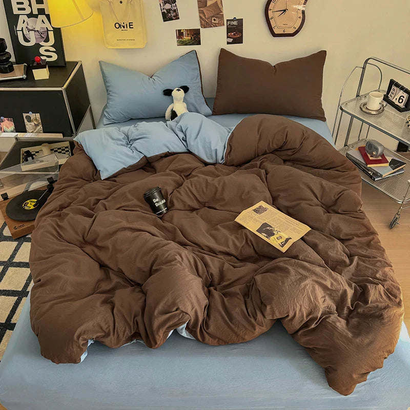 Washed Cotton Bedding Set with Pillowcase bed sheet Single Full Size Bed Linen Duvet Cover Set Queen/King Double Single Bed LadyShow.Store