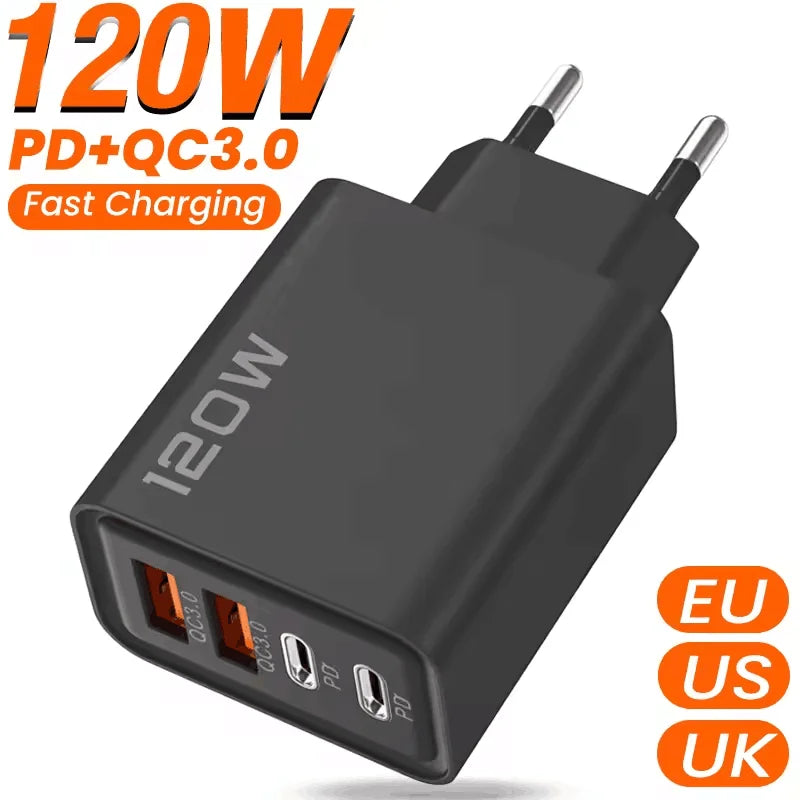120W USB Type C Charger Mobile Phone Fast Charger Adapter For iPhone Samsung Xiaomi Quick Charge 3.0 EU/US/UK Plug Wall Charger Pi-Mart