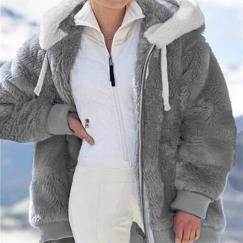 Women Winter Warm Faux Fur Jacket Plush Coat New Casual Hooded Fashion Zipper Soft Fleece Cashmere Jackets Female Thick Clothing LadyShow.Store
