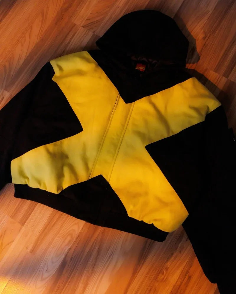 2026 American fashion brand black and yellow cross-shaped jacket high street style loose stand-up collar zipper cardigan jackett Pi-Mart