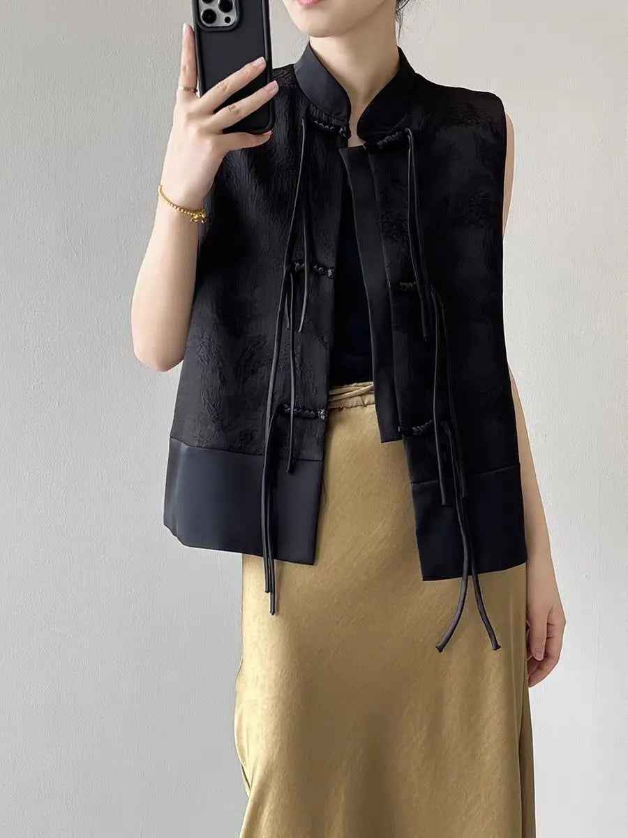 2026 spring new chinese new style plate buckle waistcoat jacket jacquard stand collar sleeveless retro women cheongsam waistcoat Pi-Mart