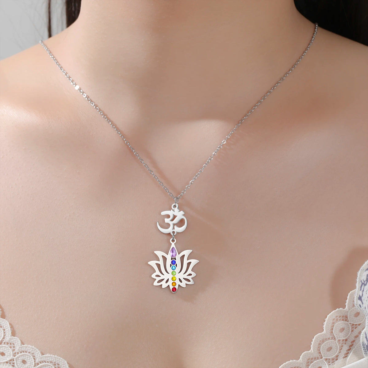 Gold Plated 7 Chakra Lotus Flower Necklace with Om Symbol Spiritual Yoga Jewelry Seven Colorful Zircon Lotus Flower Necklace Pi-Mart