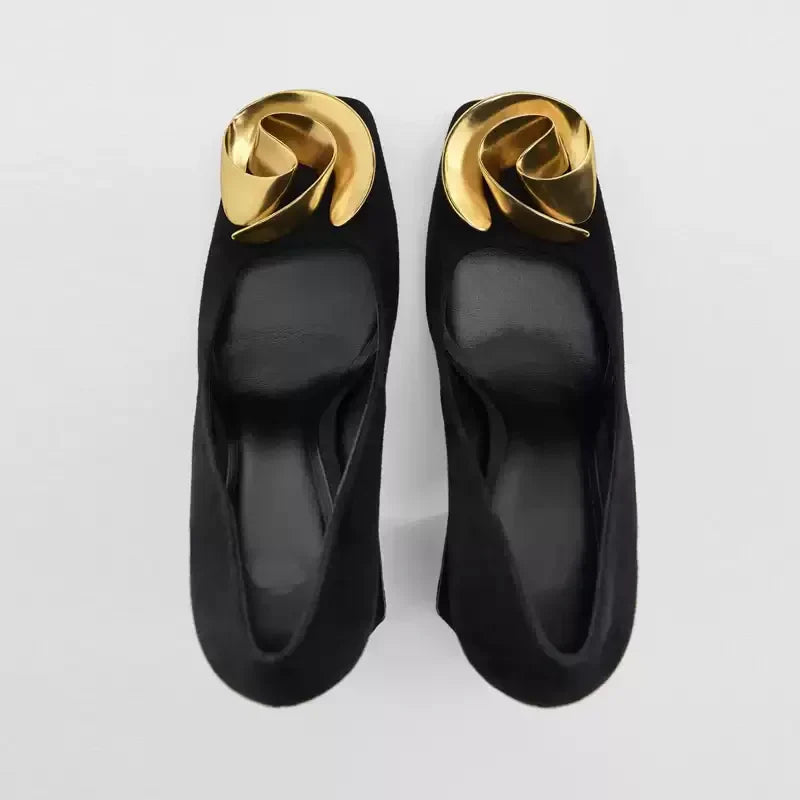 Vintage Elegant Women's Pumps Black Suede Leather Square Toe Block Heel, Gold Metal Flower Buckle Office Party Dress Shoes LadyShow.Store