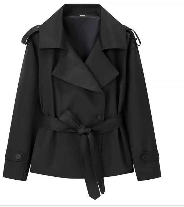 Fashion Women Lace Up Cropped Trench Coat 2026 Lapel Long Sleeves Wide Shoulder Windbreaker Jacket Lady Spring Commuting Outwear LadyShow.Store