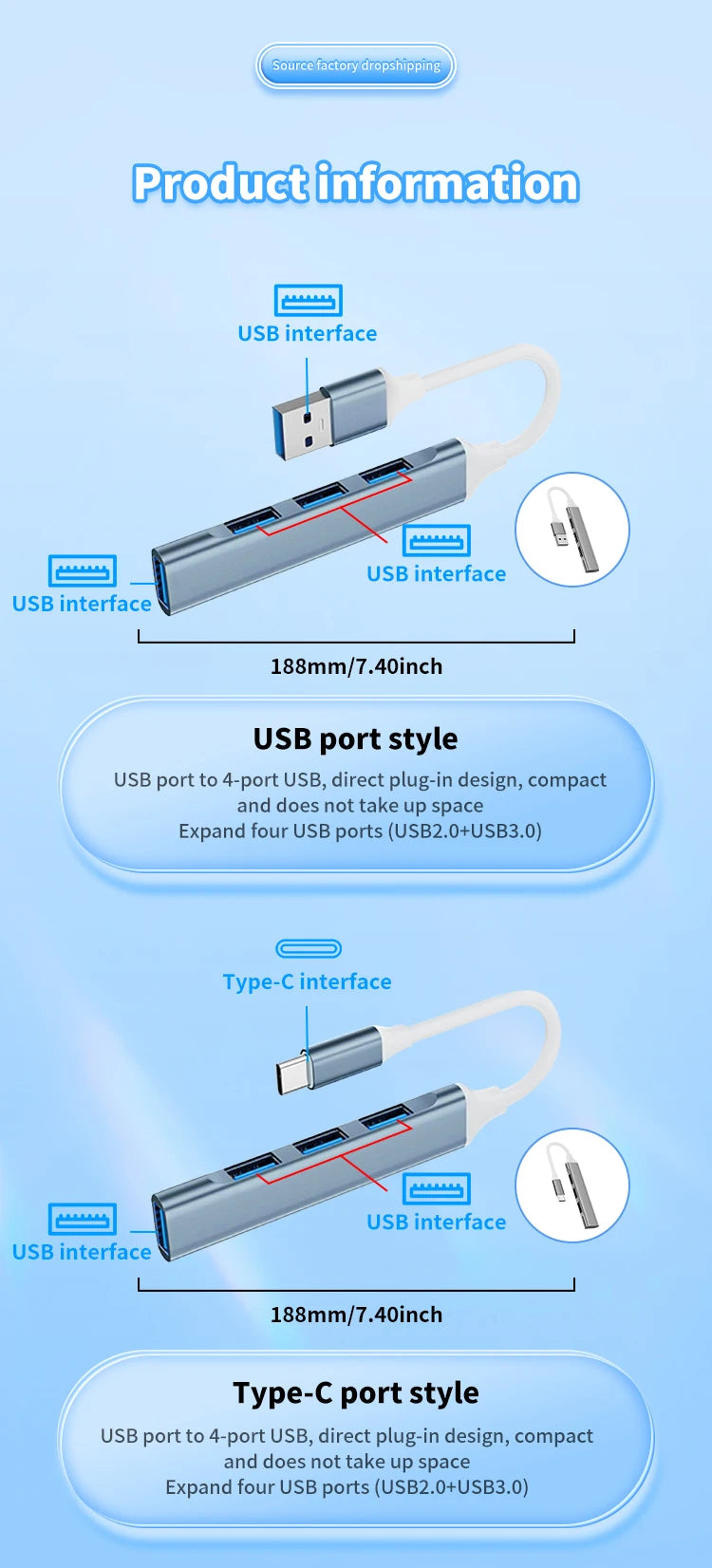 4-in-1 USB C Hub 3.0, Multi-Port OTG Adapter for Smartphones, Tablets, Laptops, Computers, Type-C Splitter Pi-Mart
