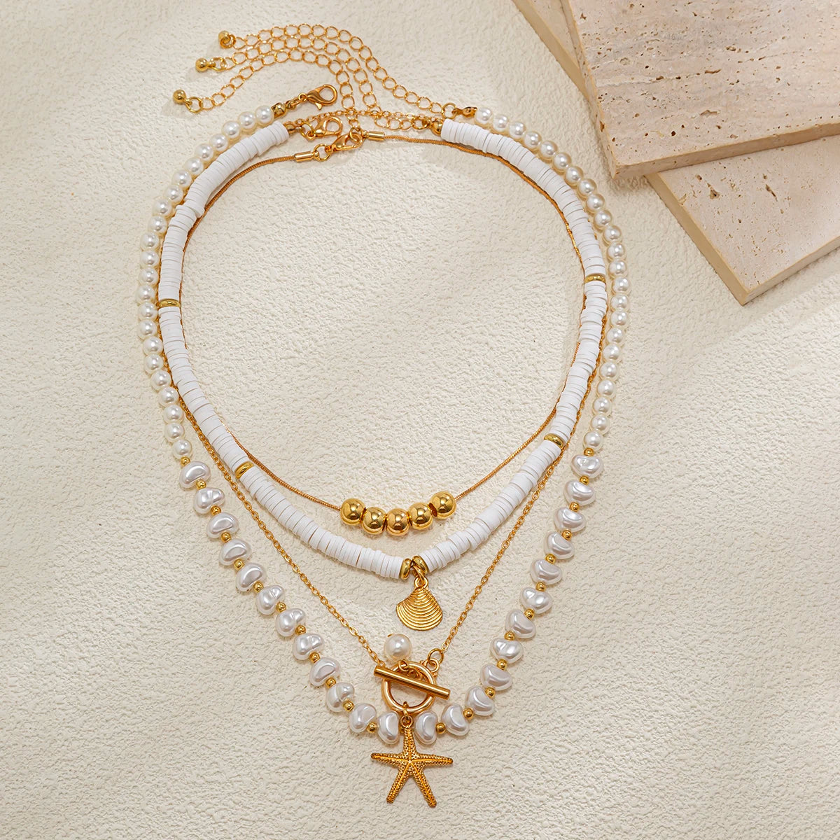Ingemark 3Pcs/Set Bohemian Scallop Starfish Pendant Necklace for Women  Elegant Imitation Pearl Chain Jewelry Accessories Gift Pi-Mart