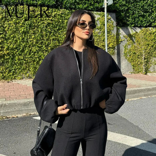 MUJER Black Bomber Jackets for Women Zipper Varsity Jackets Women Soft Cropped Jackets Woman 2025 Long Sleeve Winter Coat Female LadyShow.Store