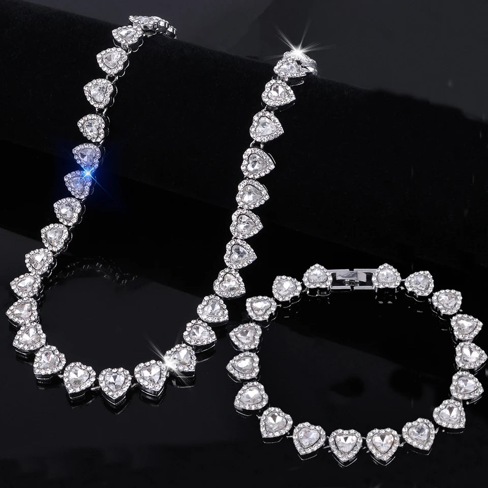 Yupsk 45CM/20CM Shiny Heart Rhinestone Hip Hop Rock Tennis Chain Bracelet Necklace for Women Men Trendy Jewelry Set Gift Pi-Mart
