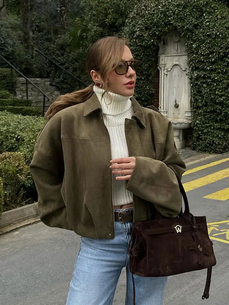 HH Women's Street Fashion Solid Loose Suede Texture Coats Causal Long Bat Sleeves Lapel Zipper Fly Winter Vintage Jackets LadyShow.Store