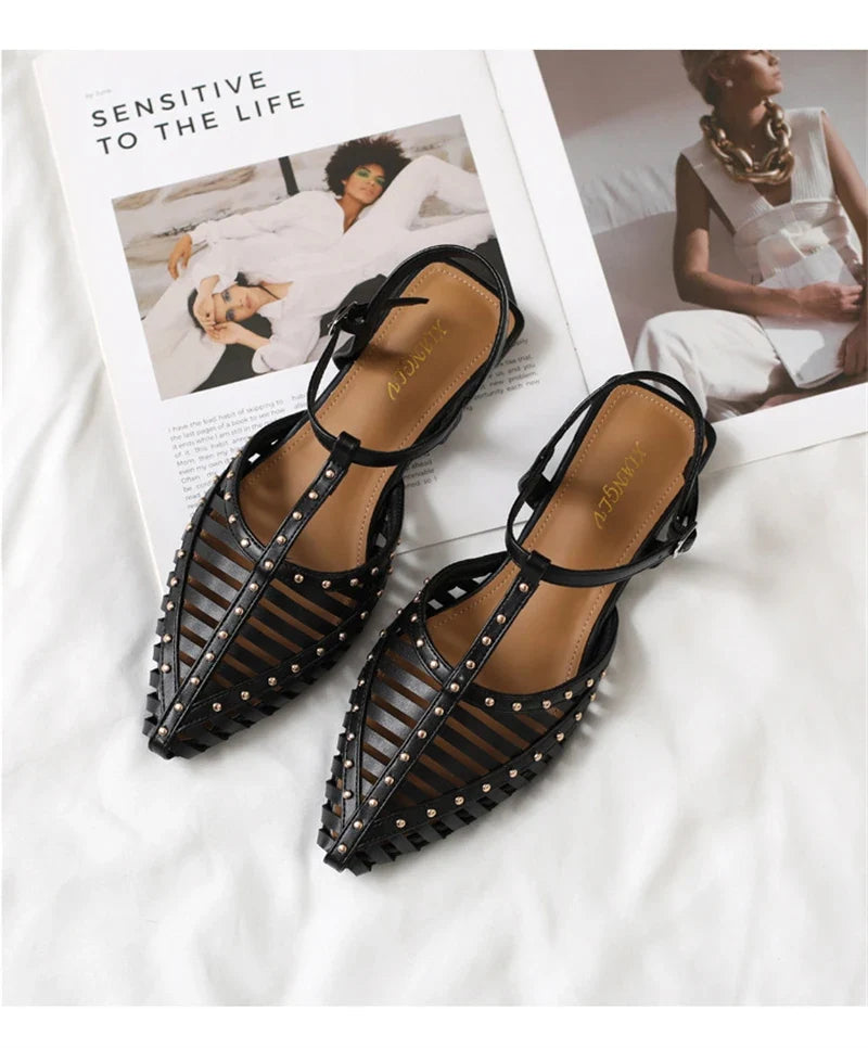 ZAROY Designer Narrow Band Flat Sandals Women Summer Point Toe Ankle Buckle Hollow Roman Sandal Plus Size Casual Beach Sandalias LadyShow.Store