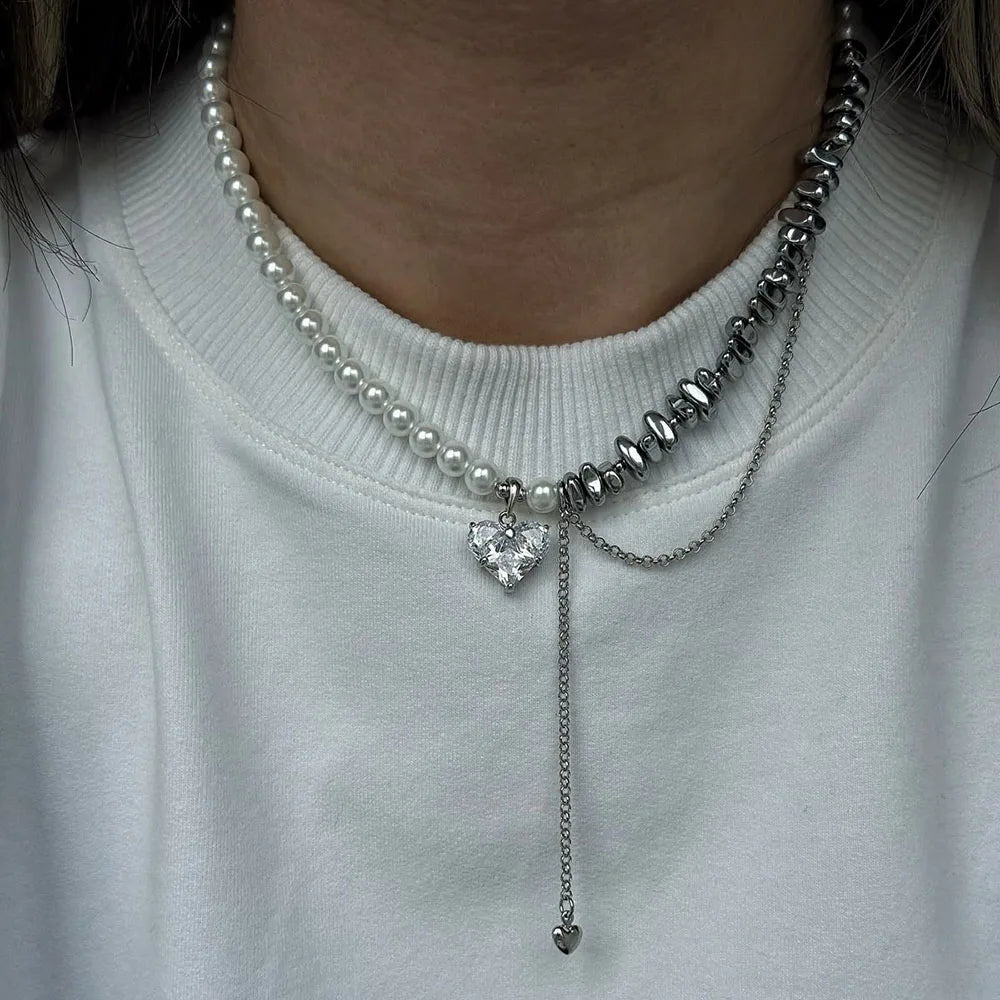 New Irregular Choker Vintage Tassels Zircon Heart Pendant Necklace For Women Female White Imitation Pearl Chain Valentine's Gift Pi-Mart